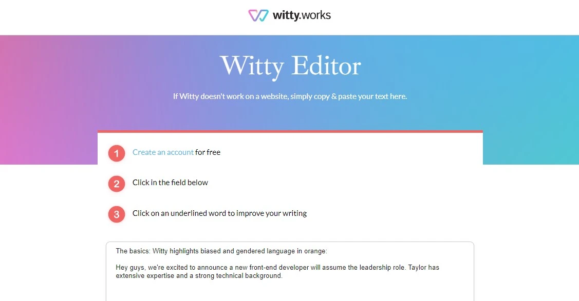 Witty Works text editor of an online langauage business for inclusive writing